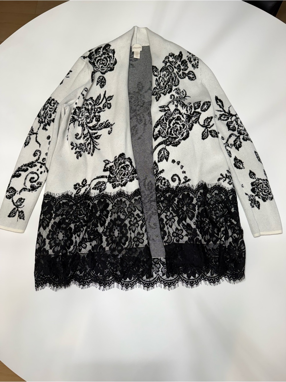 Chico's White Cardigan with Black Floral Lace Motif Size 0/Small - Picture 2 of 8